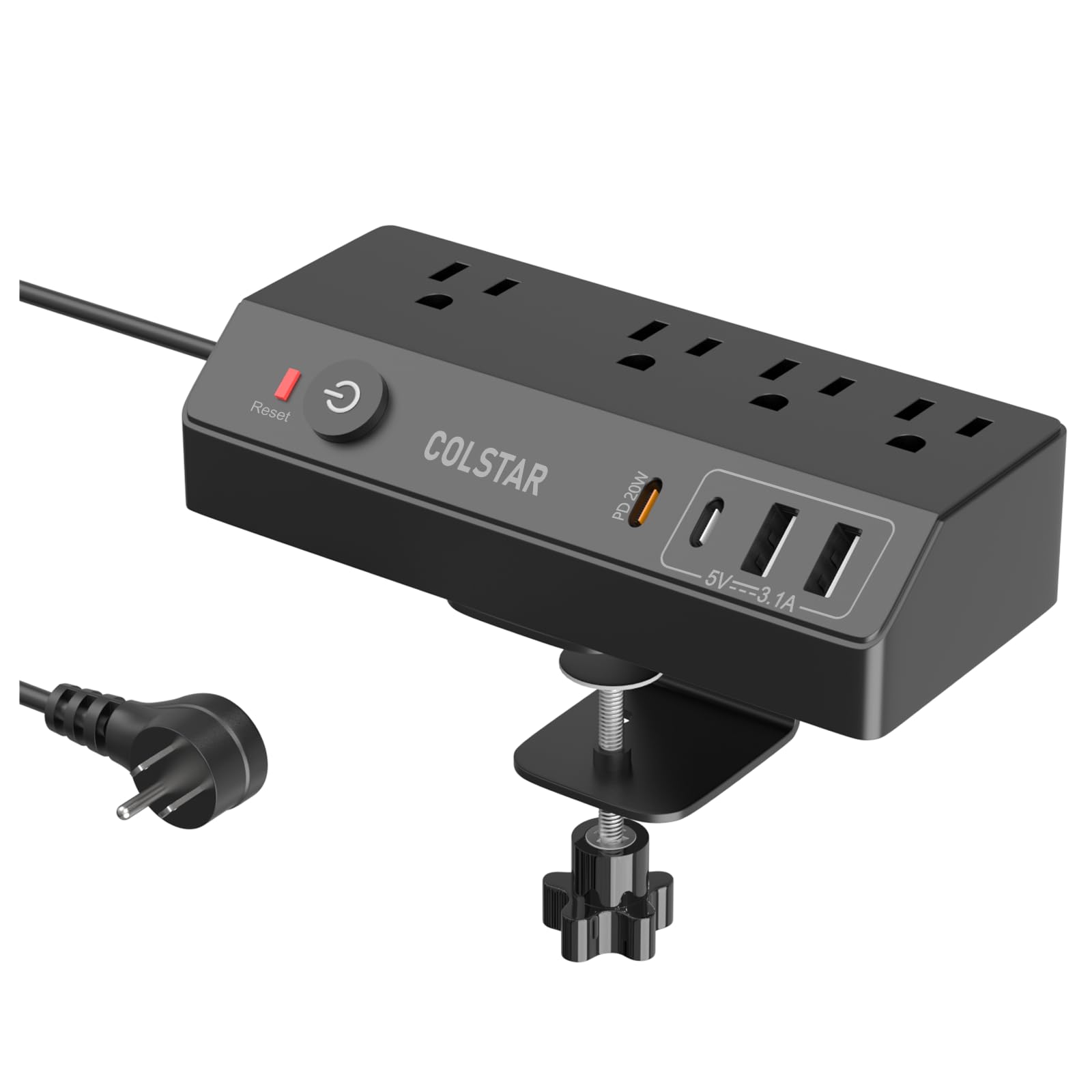 Desk Clamp Power Strip with USB, 20W USB C Fast Charging, Clamps Securely to Desk Edge, Flat Plug & 10FT Extension Cord for Office Home