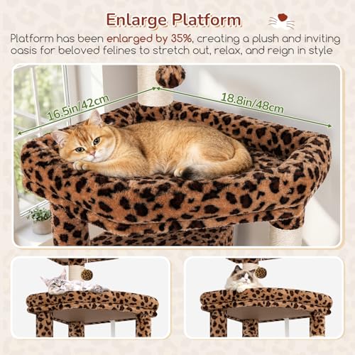 Image of Globlazer Large Perch Leopard Cat Tree, 65in Sturdy Cat Scratching Tree for Indoor Cats Large Adult, Big Cat Tower with 3 Padded Perches, 6 Scratching Posts, Cat Condo, Hammock, S65, Leopard Print