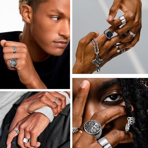 10 Pcs Men's Stainless Steel Vintage Signet Ring Square Pinky Thumb Chunky Thin Band Ring Vintage Biker Band Rings Set 7-132