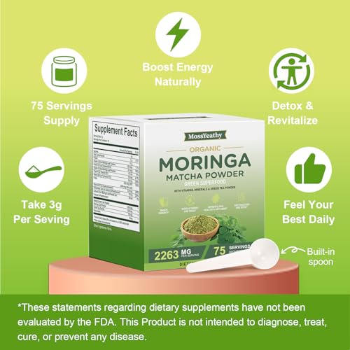 Image of Moringa Powder Organic with Matcha, Green Teas & Resveratrol, 8 OZ Superfood Energy Booster, Antioxidant & Immune Support, Vegan, Gluten Free, Easy-to-Mix (1 Pack)