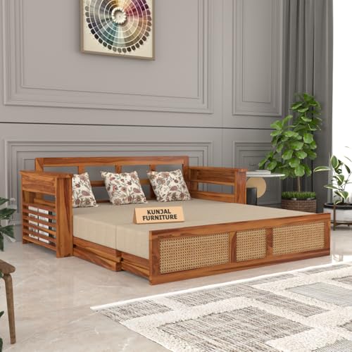 Image of Kunjal Furniture Solid Sheesham Wood Sofa Cum Bed with Storage for Living Room | Natural Finish | 3-Seater Convertible Sofa Bed | Handmade Wooden Furniture (Natural, Modern)