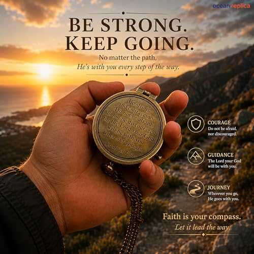 Brújula Be Strong and Courageous – Brújula magnética náutica antigua con grabado de escritura – Regalo de bautizo con estuche de madera para hijo, padre, esposo, ser querido miniatura 4