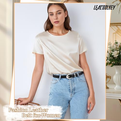 LEACOOLKEY 2 Pack Women Leather Belts for Jeans Dress Fashion Belt with Gold Silver Buckle Total Length 47",Suit waist size 36"-40"2