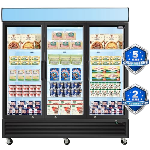 Image of mikibama Glass Door Merchandiser Freezer, 70 Cu.ft Swing Door Commercial Reach-In Display Refrigerator with LED Top Panel Upright Freeze Storage, Three Cabinets, Black