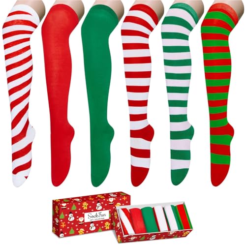 Christmas Thigh High Socks - Red Green Striped Elf Socks for Women 6 Pack