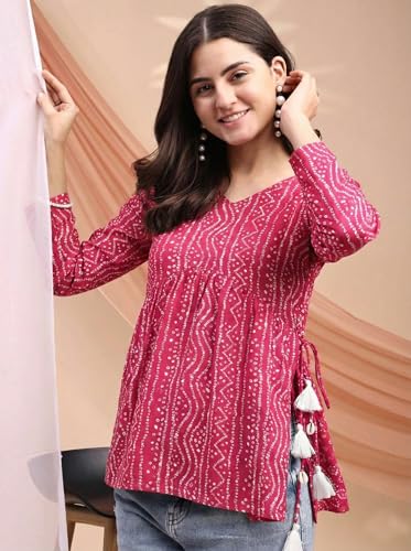 Image of MAHIRA'S Women's Short Kurti, Black Rayon Tunic Top with Embroidered Sleeves, 3 /4 Designer Sleeves