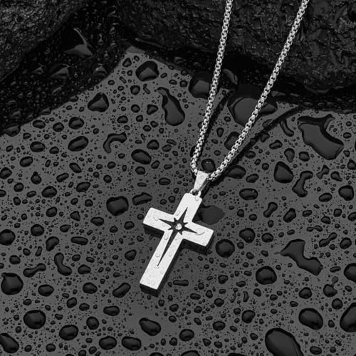 Cross Necklace for Men, Stainless Steel Christian Cross Pendant Necklaces for Men, Silver Chain Necklace for Men, Fade-Resistant, Stylish Jewelry Gift for Him
