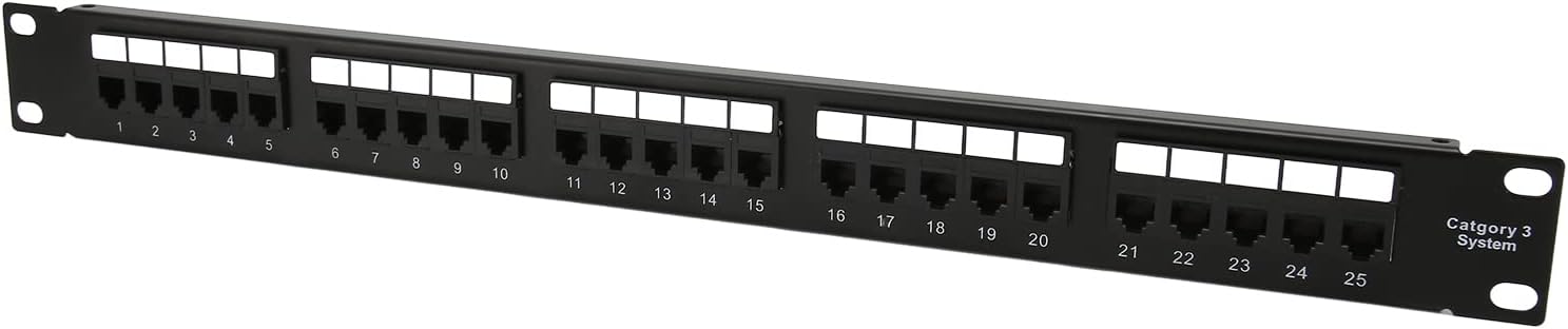 25 Port CAT3 Patch Panel, Anti Interference, Gold Plated Pin RJ11 Through Coupler with Metallic Paint for 19 Inch Rack Cabinet, Designed for CAT3 Cabling
