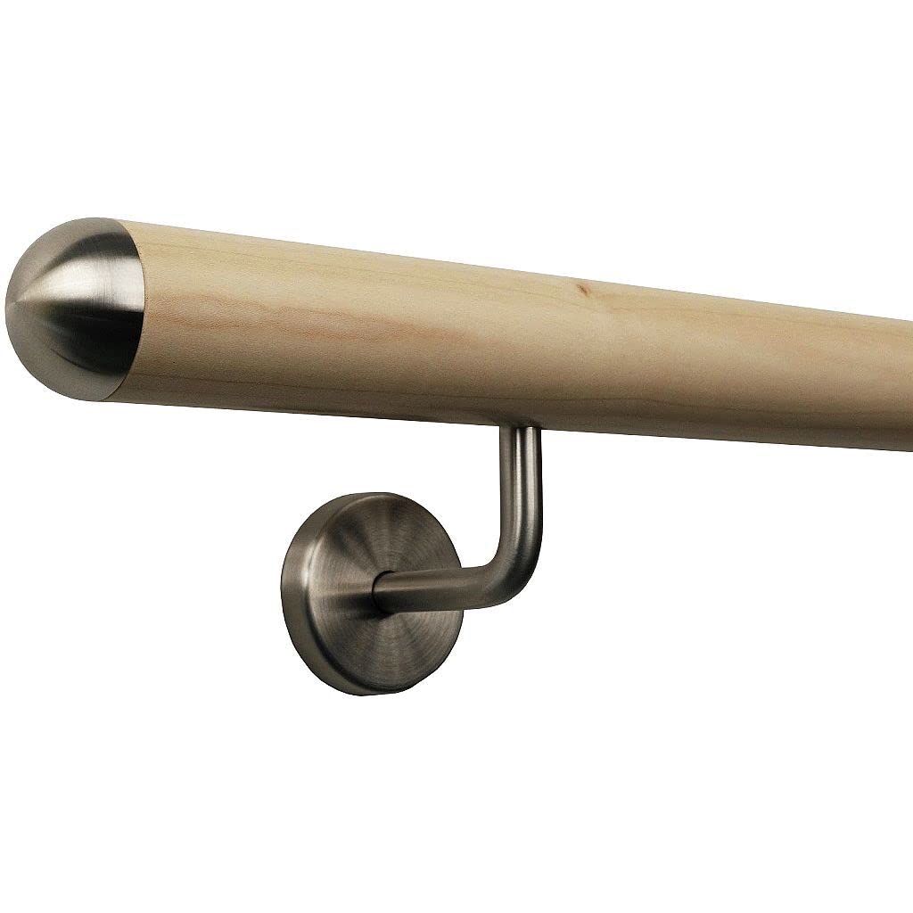 Poręcz schodowa, drewniana, kątowa, ze stali nierdzewnej, długość 30-500 cm, z jednego kawałka/wariant: 190 cm, z 3 uchwytami, półokrągła nasadka ze stali nierdzewnej