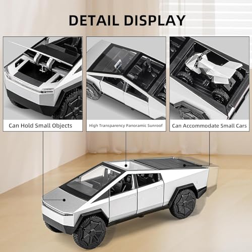 Image of 1:32 Scale Die-Cast Tesla CyberTruck with Pick-Up Trailer with 6 Openable Doors Pull Back Toy Car with Lights & MusicToy Car Gift for Kids (1:32 Cybertruck - Silver)