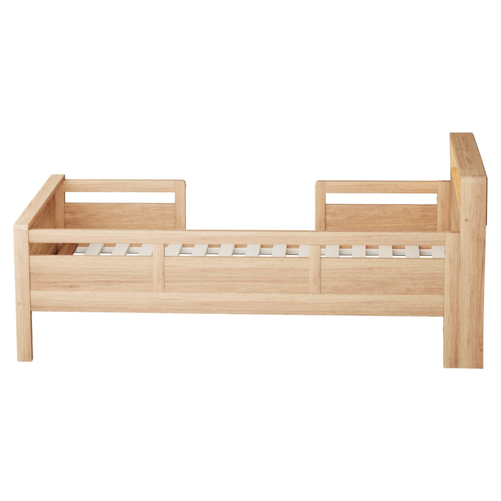 Lit Enfant 90x200 en Pin,Cadre de Lit 1 Personne avec Port USB-C,Éclairage LED,Tête de lit de Rangement,pour Enfants Adolescents (Couleur Bois)