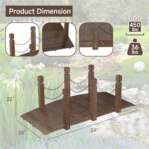 Kinfant 5FT Wooden Garden Bridge with Metal Chain Railings – Solid Fir Wood, Carbonized Finish, Decorative Arch Footbridge with Rustic Chain Accents for Pond, Stream, Pathway, Backyard & Landscape