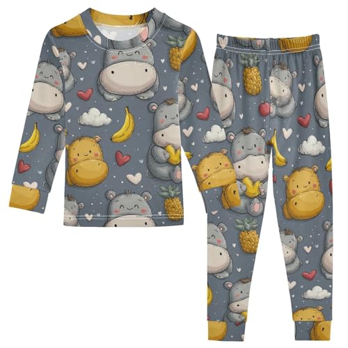 Pajama Sets Long Sleeve Cute Hippo Fruit Pattern Soft Comfy Sleepwear 2 Piece PJS 3-8T