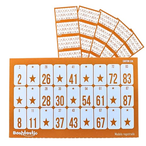 Bashtastic 504 Bingo Karten - 504 Verschiedene Bingo Karten 1-90. Set aus 240 g/m Karton für traditionelles Bingo Spiel mit Freunde Familie & Kinder Bingo. Sie sind nummeriert. (Orange)