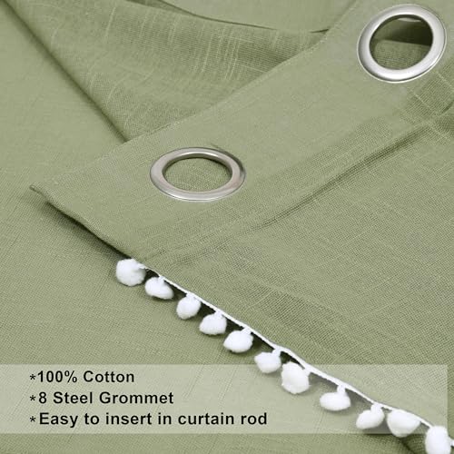 Image of THE LINEN COMPANY Cotton Sheer Grommet Curtains with Side Border Pompom Sheer Curtain for Window Linen Textured, Light Filtering, Pack of 2 (Avocado Green, 5 Feet)