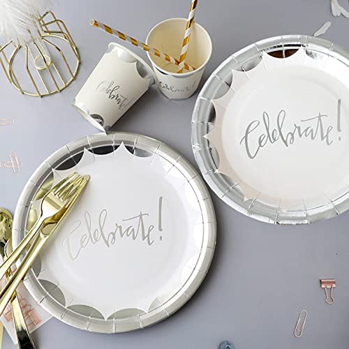 20 Count White And Silver Celebrate Plates For Birthday,Wedding,Bridal Shower,Baby Shower,Anniversary,Engagement,Bachelorett Party Decorations, Disposable Paper Dinner Dessert Plates 7 Inch #TOP3