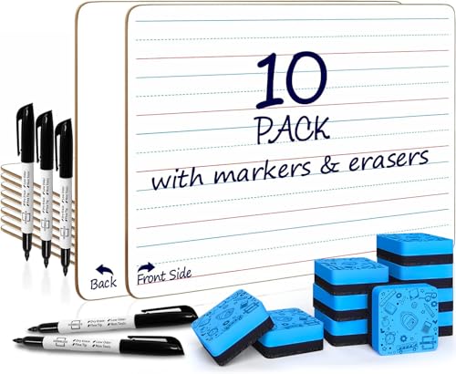 Scribbledo 10 Pack Double Sided Whiteboards Lined Dry Erase Board for Kids Ruled Writing Board Handwriting Practice for Kids Small White Board Dry Erase Boards Lines 9x12 Student 10 Dry Erase Markers