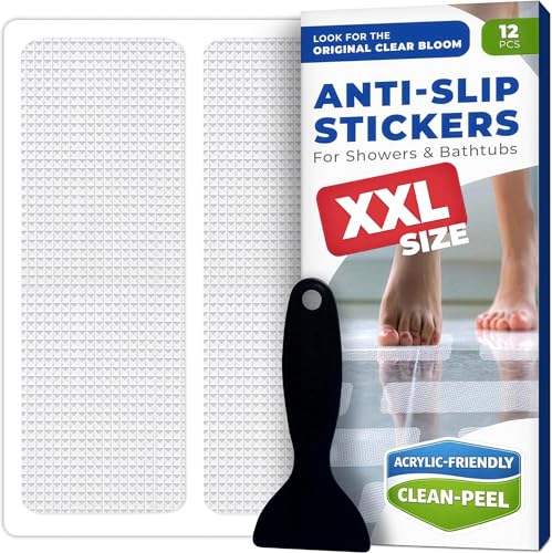 XXL Anti Slip Shower Stickers 12 PCS, Invisible Non-Slip Shower Strips for Adults, Premium Adhesive Bath Tub Stickers (Clear)