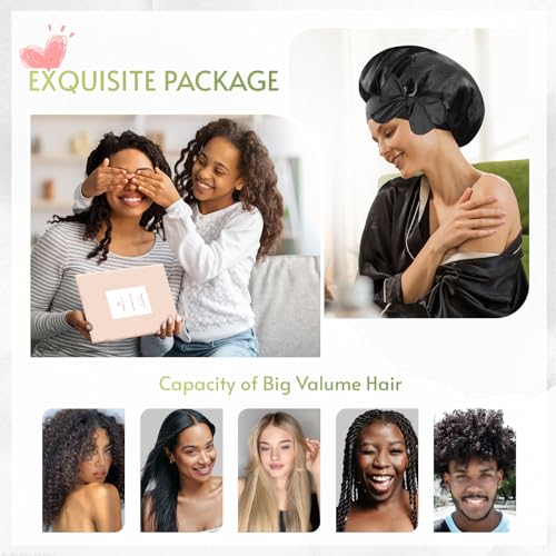 BONNET QUEEN Bonnet Satin Cheveux Nuit pour Dormir, Bonnet en Satin Double Couche Reversible pour Cheveux Charlotte Locks Bouclés, Ajustable avec Long Elastique pour Femmes et Hommes, Noir,Moyen – vue 6