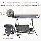 Outsunny 3-Sitzer Hollywoodschaukel, Gartenschaukel mit Sonnendach, Schaukelbank mit Ablage, Aluminium, Grau, 196 x 128 x 172 cm - 9