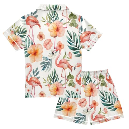 ALAZA Watercolor Flamingo Bird Palm Leaf Blossom Satin Pajamas Set Short Sleeve Button Down Sleepwear Summer Pjs 2 Piece2