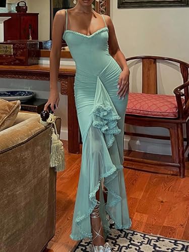 Unybwonn Women Cocktail Maxi Dress Sleeveless Ruched Ruffle Hem Mesh Dresses High Low Split Spaghetti Strap Sundress3