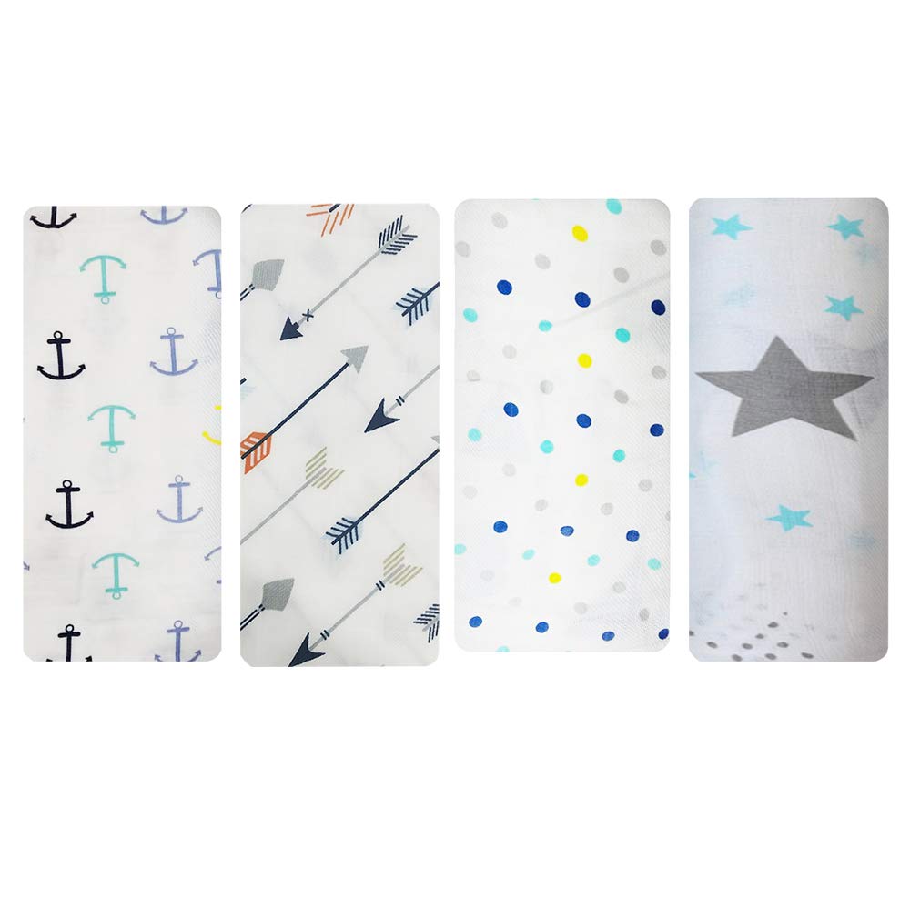 linenaffairs Muslin Baby Swaddle Set, Printed Muslin Swaddle Wrap for New Born Baby Pack of 3 Baby Bath Towel, Pack of 4 - Bamboo, Monkey, G Polka & Zigzag