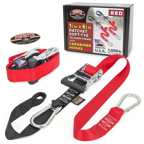 Image of PowerTye 1.5in x 6.5ft Heavy Duty Ratchet Tie-Down Straps with Soft-Tye and Carabiner Hooks - 1,000 lb Working Load Limit / 3,000 lb Breaking Strength - Made in USA - Red /Black Pair