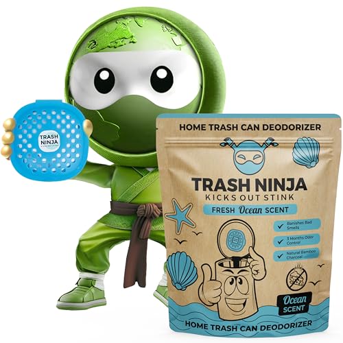 Trash Ninja Trash Can Deodorizer – Stick-On Air Freshener with Activated Charcoal and Fresh Ocean Scent for Kitchen, Bathroom, Fridge, Dumpster, and Trash Compactor Smell Removal