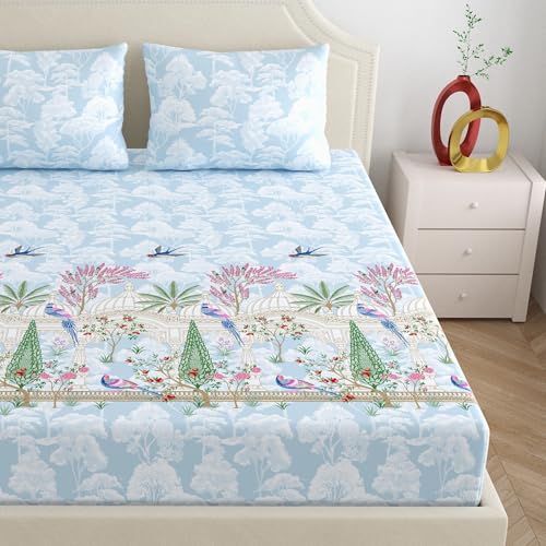 Image of Home Ecstasy 100% Cotton Double Bedsheet with 2 Pillow Covers - (Size 87 x 94 inches, 140 TC, Colour - Light Blue)