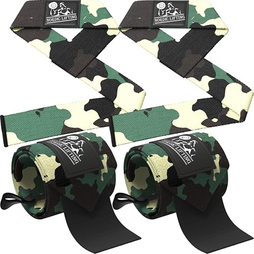 Wrist Wraps + Lifting Straps Bundle (2 Pairs) for Weightlifting, Cross Training, Workout, Gym, Powerlifting, Bodybuilding - Support for Men/Women, Avoid Injury during Weight Lifting (Camo Green)