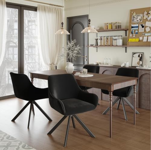 Image of Set of 6 Chairs 360 Degree Rotating Legs Stylish Stylish, Modern, Elegant & Comfortable Velvet Arms Chairs for Dinning Living Hotel Cafe (Black Velvet Set of 6)