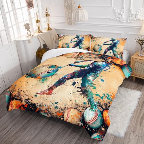 Image of Kids Comforter Set Doodle Baseball Printed Pattern Bedding Set with 1 Comforter and 2 Pillowcases for Girls Boys Bedroom All Season(Doodle Baseball Queen)