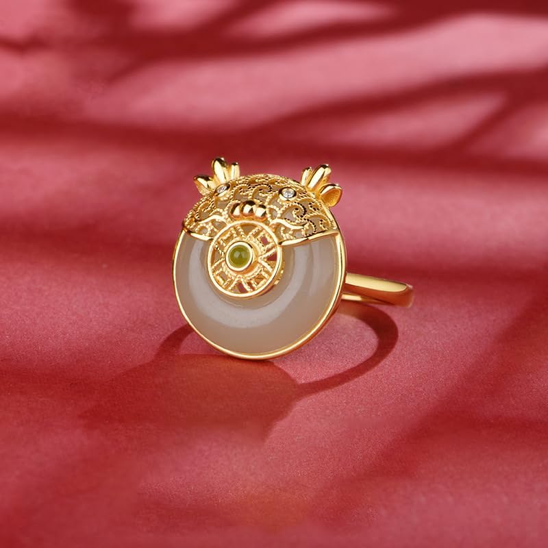 14K Gold over Sterling 925 Sliver Adjustable Natural Hetian Jade Adorable Dragon Ring, Open Design Chinese New Year Auspicious Jewelry, Lucky Charm Gift for Her - Image 4