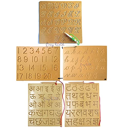 Image of JOYLAND Capital Numbers Hindi Varnmala Writing Practice Wooden Tracing Boards Educational Toys for Kids with Dummy Pencil | Letter Educational Slate | Learning Board for Baby (Set - 5)