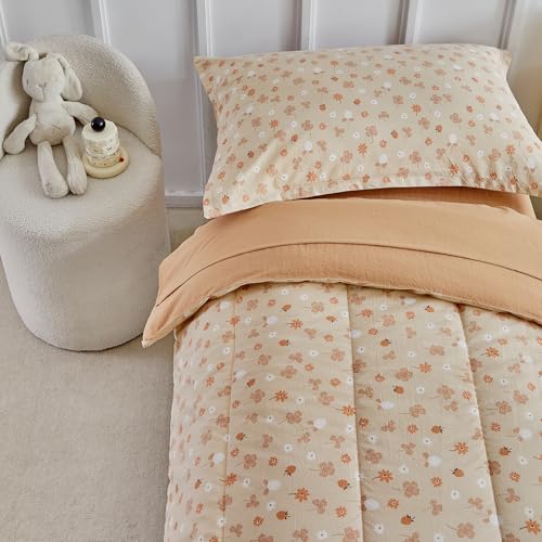 Image of DuShow Toddler Bedding Set for Girls and Boys,4 Piece Bed-in-a-Bag Toddler Comforter Sets,Orange Floral Crib Bedding Sheets Set,Include Quilt Comforter,Flat Sheet,Fitted Sheet,Pillowcase