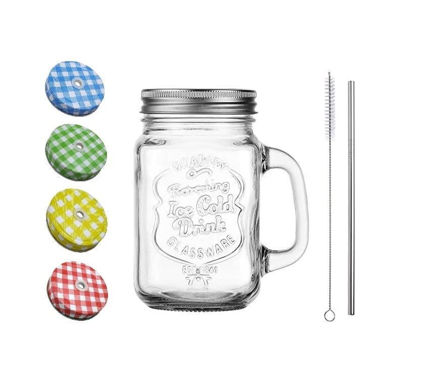 SAVE Mason Jar with Stainless Steel Straw | 450ml | Side handle | 2 Lids - 1 with Hole, 1 without Hole | Stylish Embossing Design (Straight Straw + Cleaning Brush) (B09WSPLHNX) Amazon Price History, Amazon Price Tracker