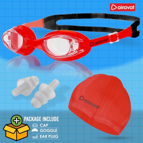 Image of AIRAVAT Hydro 0027 Swimming kit, Swimming Set With Swimming Goggle Nose & Ear Plug And Swim Cap | Optic Quality Poly carbonate Lenses, 100% UV Protection Anti-fog Coated, Ultra Durable (Red)