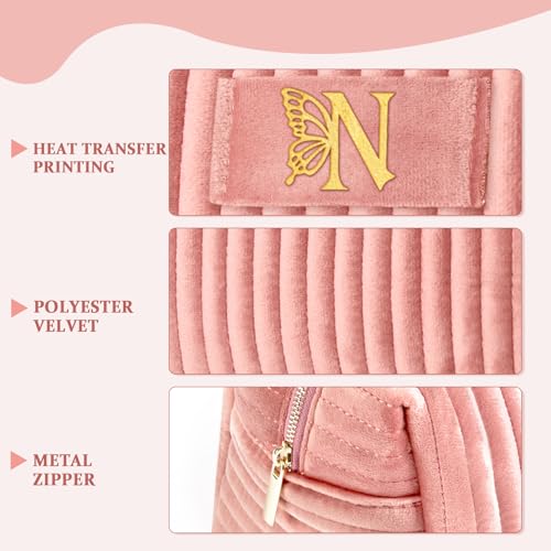 Image of COSHAYSOO Travel Makeup Bag Quilted Make Up Pouch Initial Cosmetic Case with Butterfly Decorations for Women Birthday Easter Mothers Christmas Valentines Graduation Appreciation Gifts Pink Letter N