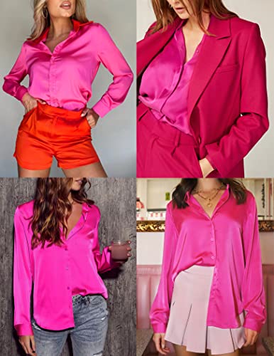 Hotouch Satin Silk Button Down Shirts For Women Long Roll Up Sleeve V Neck Silky Curved Hem Blouse Tops Hot Pink Xxl #TOP4