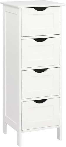 VINGLI Armario de almacenamiento de baño blanco con 4 cajones de madera independiente delgado gabinete de piso de baño pequeño organizador lateral