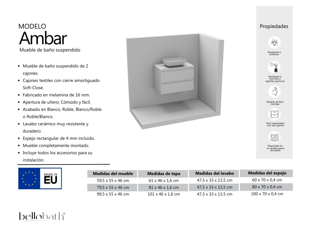BELLOBATH - Meuble Salle de Bain avec Lavabo en Céramique et Miroir, Meuble de Rangement Salle de Bain, 2 Tiroirs 80 x 55 x 46 cm, Meuble Chêne/Blanc