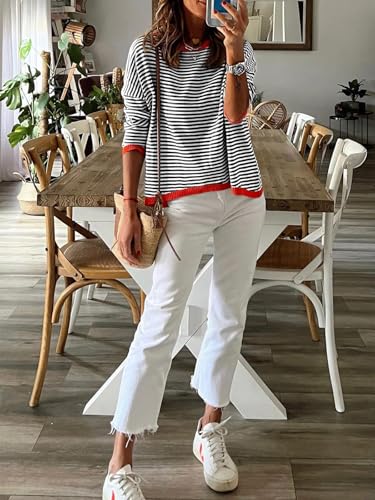 Image of Wowcarbazole Women's Pullover Sweaters Striped Long Sleeve Crew Neck Color Block Sweater Tops Casual Loose Knit Shirts
