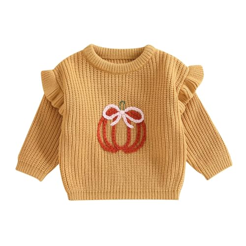 Toddler Baby Girl Halloween Knit Sweater Pumkin Embroidered Long Sleeve Pullover Chunky Tops Cute Winter Fall Clothes
