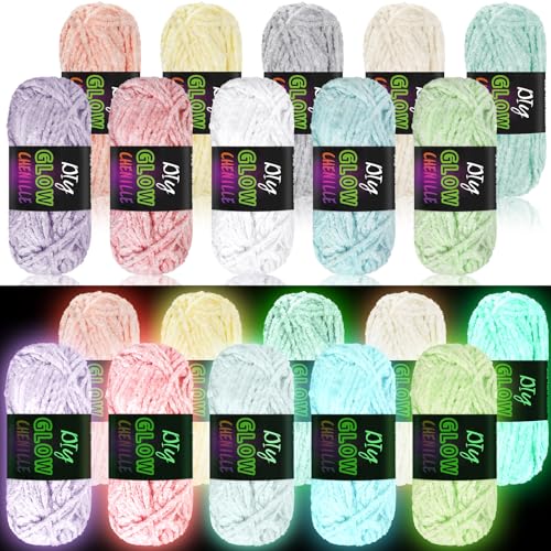 Image of Fanfanwin 10 Rolls Glow in The Dark Chenille Yarn Magic Luminous Crochet Fancy Yarn Glow Sewing Craft for DIY Arts Crafts Christmas Winter Knitting Sewing Crocheting Supplies, 76.5 Yard Per Roll