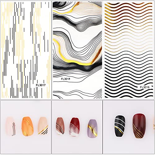 Nagelsticker Linienmuster, Nail Art Stickers, 12 Blatt Gold Nail Art Sticker, 3D Design Nagel Stickers, Selbstklebende… – Bild 6