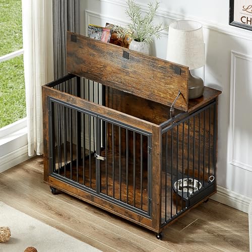 GOWE Furniture Style Dog Crate Side Table with Rotatable Feeding Bowl, Wheels, Three Doors, Flip-Up Top Opening. Indoor, Rustic Brown, 38.58