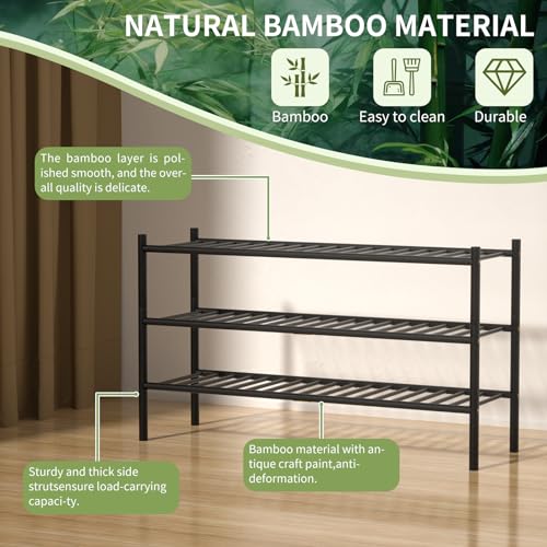 3-Tier Bamboo Long Shoe Rack, Free Standing Wood Shoe Shelf Storage Organizer for Closet Entryway Stackable 35"x11"x20" (Black)