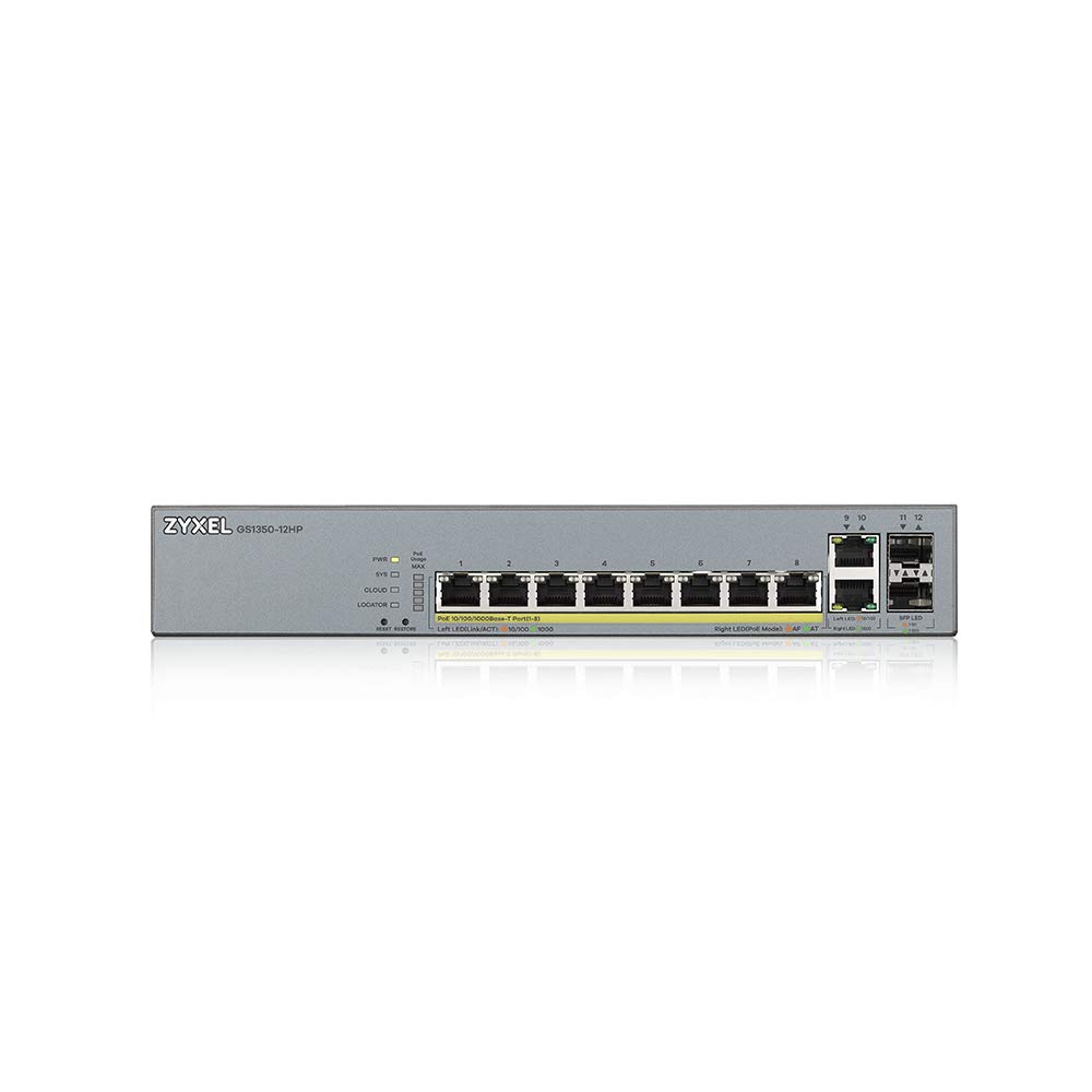 Zyxel Commutateur PoE+ 8 Ports Gigabit géré Intelligent | Budget de 130 W | 2 Ports Gigabit cuivre + 2 SFP | Gestion du Cloud nébuleuse | Longue portée [GS1350-12HP]