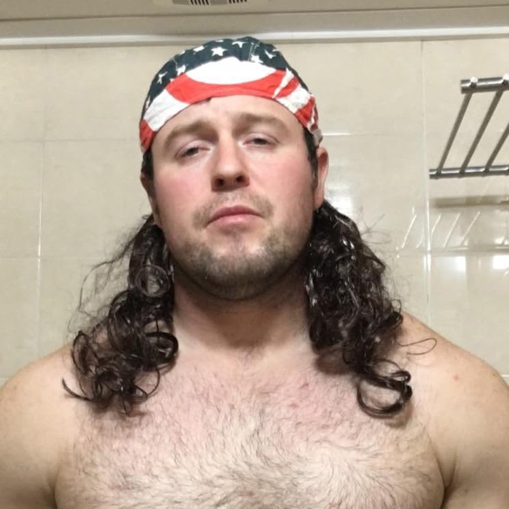 Image of Mullet Wig with American Flag Bandana, 80s Retro Curly Wig for Men & Women, Perfect for 4th of July, Halloween, 80s Themed Parties Cosplay (Light Brown)